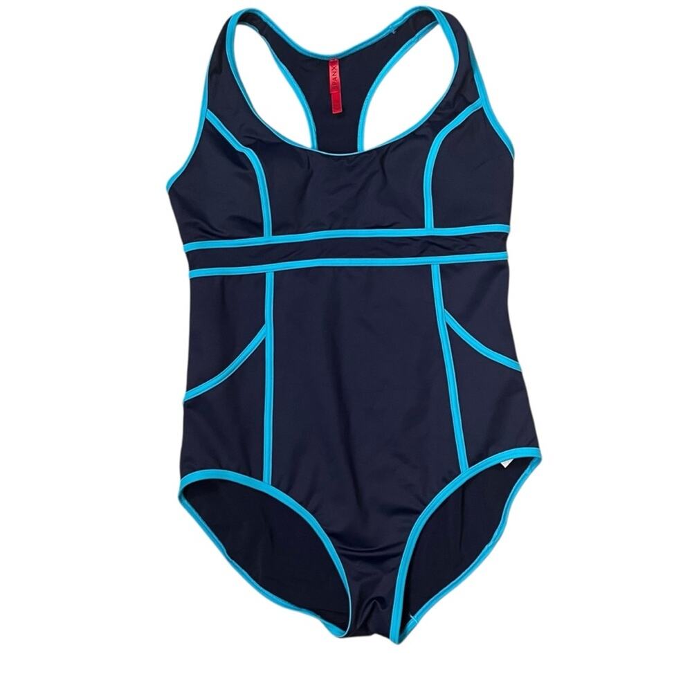 Spanx Hourglass Racerback One-Piece Swimsuit Womens 12 Navy Blue Turquoise Trim